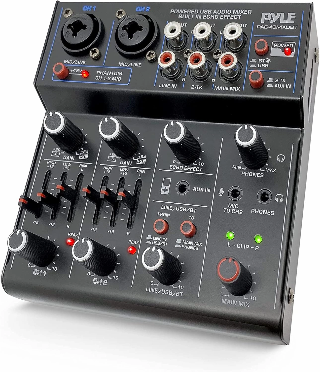 Pyle Professional Wireless DJ Audio Mixer - 4 Channel Bluetooth Controller Sound Mixer, USB Audio Interface, 2 Combo Jack XLR 6.35mm Mic/Line/Guitar in, 3.5mm, RCA AUX, Headphone Jack - PAD43MXUBT