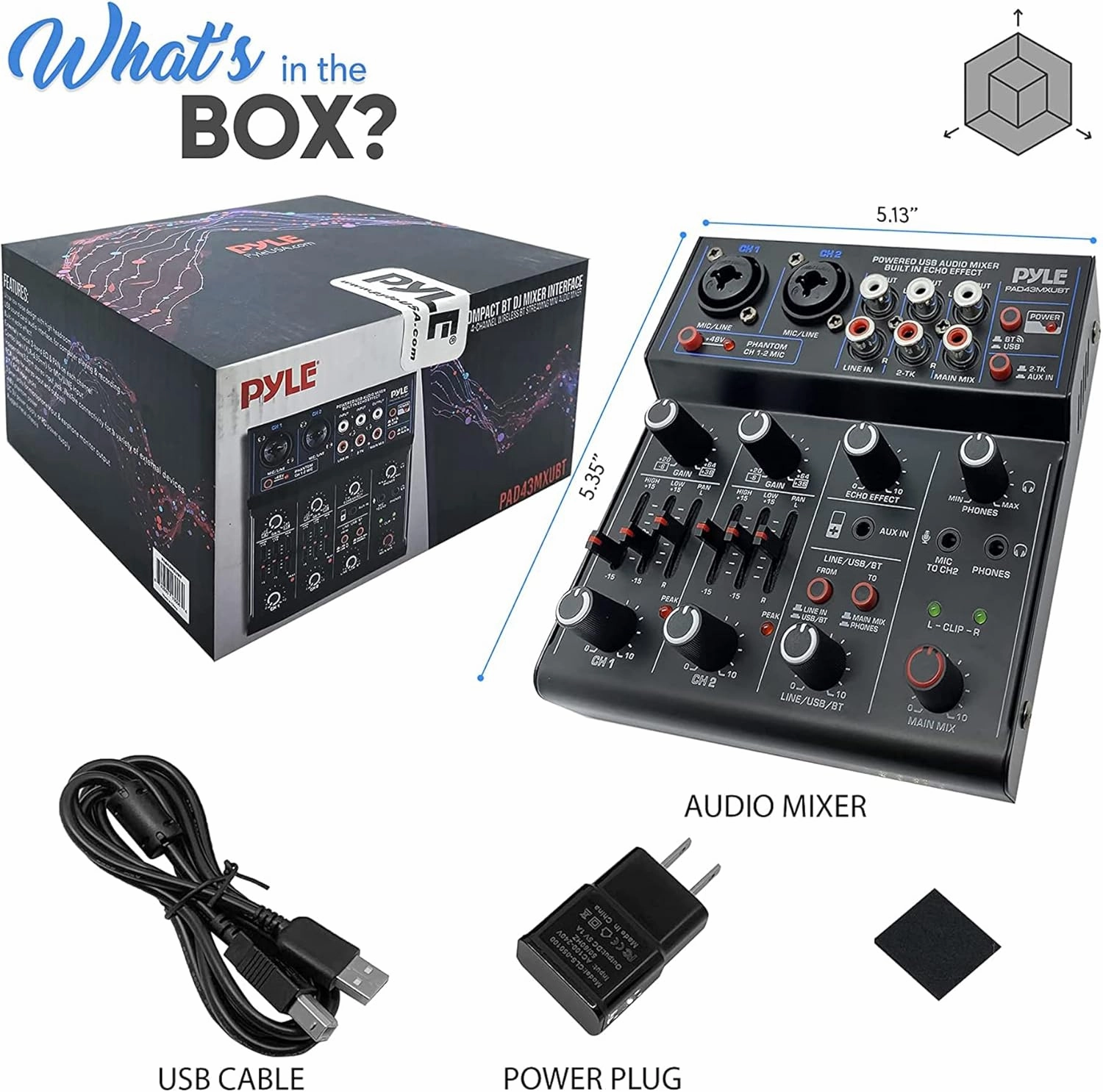 Pyle Professional Wireless DJ Audio Mixer - 4 Channel Bluetooth Controller Sound Mixer, USB Audio Interface, 2 Combo Jack XLR 6.35mm Mic/Line/Guitar in, 3.5mm, RCA AUX, Headphone Jack - PAD43MXUBT