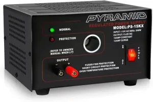 Pyramid Universal Compact Bench Power Supply - 10 Amp Linear Regulated Home Lab Benchtop AC-to-DC Converter w/ 13.8 Volt DC 115V AC 250W Input, Screw Type Terminal, 12V Car Cigarette Lighter - Pyramid PS15K