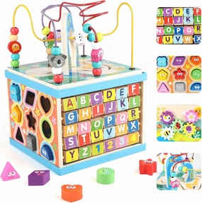 Qilay Wooden Activity Cube for Toddlers, 5 in 1 Multipurpose ABC-123 Abacus Early Educational Montessori Toys, Learning Toys for 3 Year Old | Bead Maze, Great for Boys Girls Toddlers