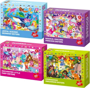 QUOKKA Princess Puzzles for Kids Ages 4-6 - Toddler Puzzles Ages 3-5 - 4-Pack 60 Piece Search and Find Jigsaw Puzzle 6-8 - Unicorn Mermaid Fairy Puzzle for Girls - Learning Educational Toy for 5 Year