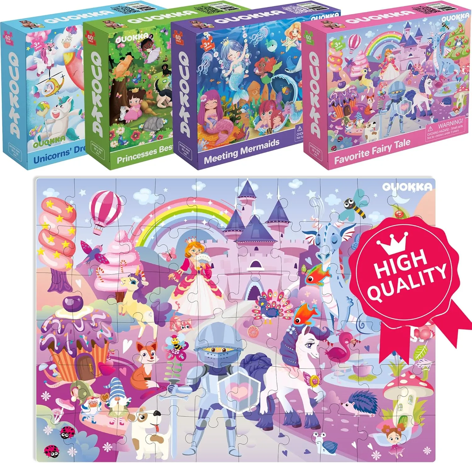 QUOKKA Puzzles for Kids Ages 4-6 - Set of 4x60 Jigsaw Puzzles for Toddlers 3-5 - Unicorn Princess Animals Toys for Children 6-8 yo - Gift Educational Game for Boys & Girls