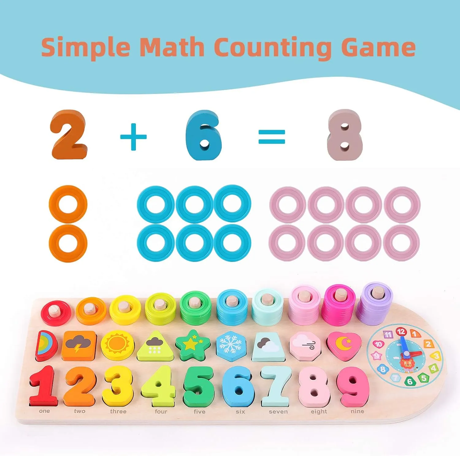 QZMTOY Preschool Educational Learning Montessori Toys for Kids, Toddler Puzzles Number Shape Sorter Counting Stacker with Clock Weather, Boys Girls Activities Math Game Gift for Age 3 4 5 Years