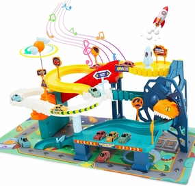 Race Track Car Toy for Kids Dinosaur Adventure Vehicle Playset with 5 Mini Cars & Road Map Race Car Track Toys Educational Toy for 3 4 5 6 7 Year Old Boys Girls