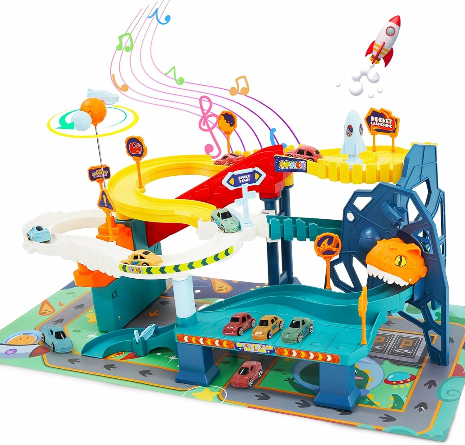 Race Track Car Toy for Kids Dinosaur Adventure Vehicle Playset with 5 Mini Cars & Road Map Race Car Track Toys Educational Toy for 3 4 5 6 7 Year Old Boys Girls