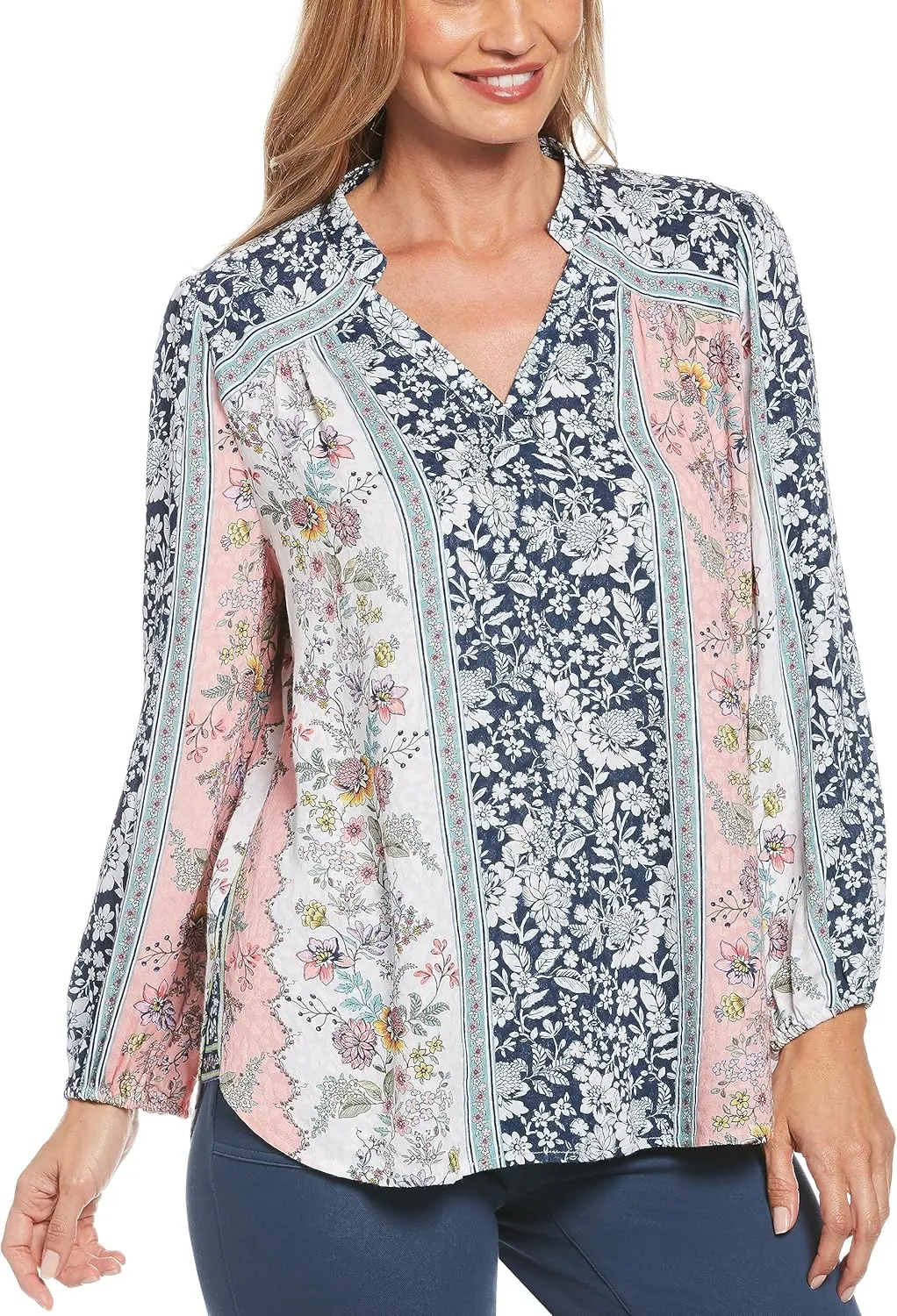 Rafaella Women's Floral Print Jacquard Long Sleeve Blouse