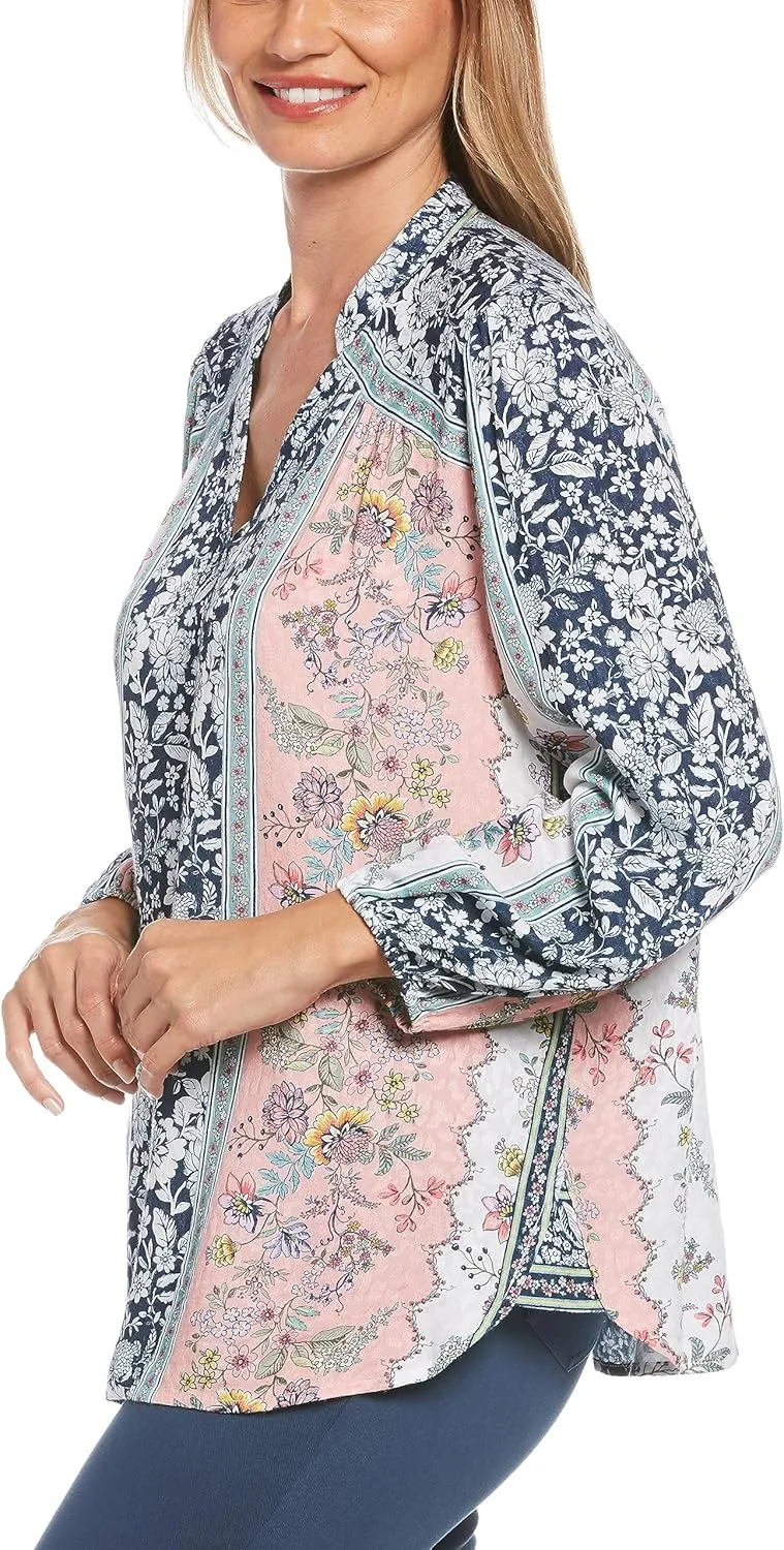 Rafaella Women's Floral Print Jacquard Long Sleeve Blouse