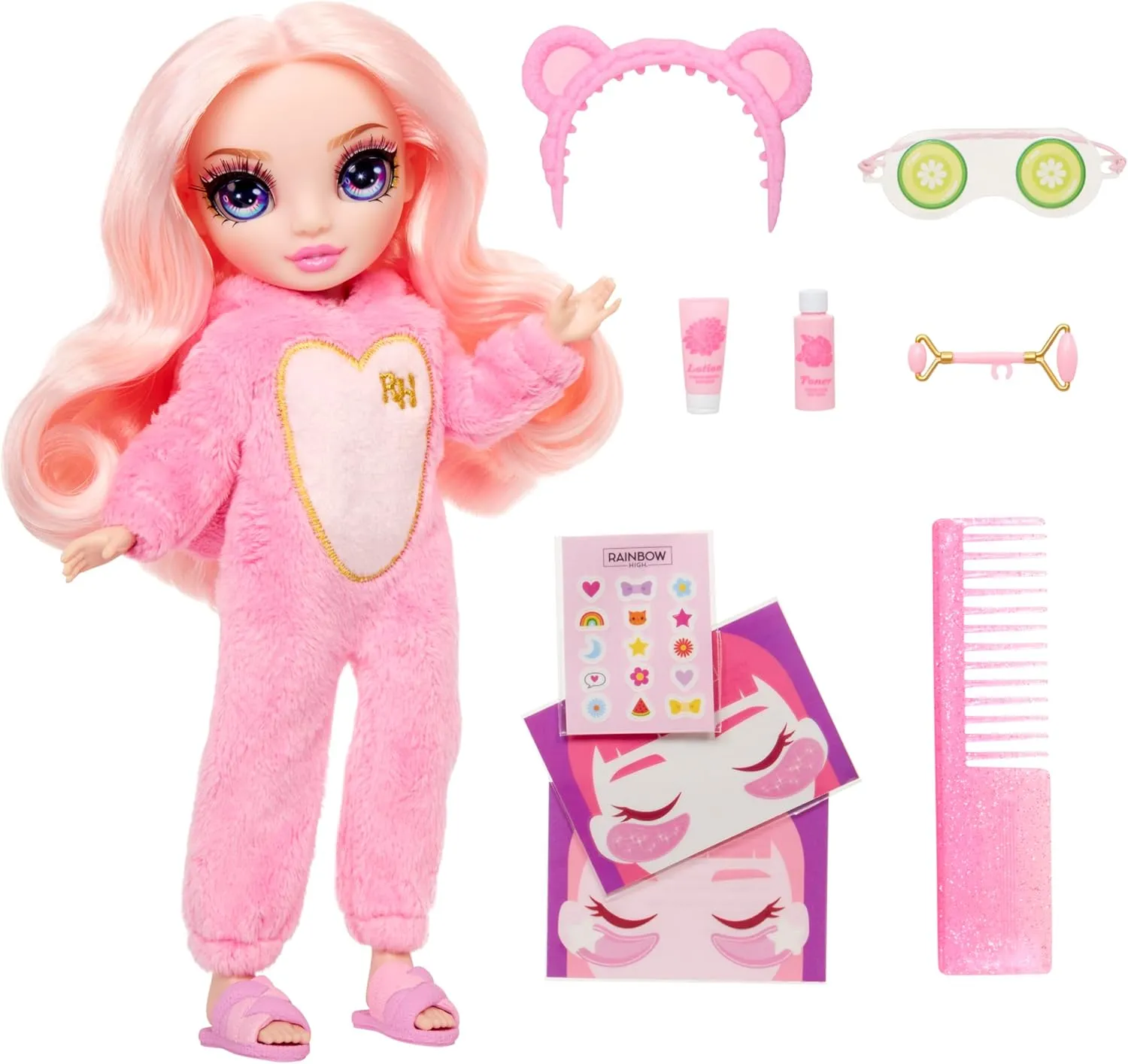 Rainbow High Jr High PJ Party - Bella, Pink 9" Posable Fashion Doll with Soft Onesie, Slippers, Fun Play Accessories, Great Toy Gift for Girls Kids Ages 4-12 Years