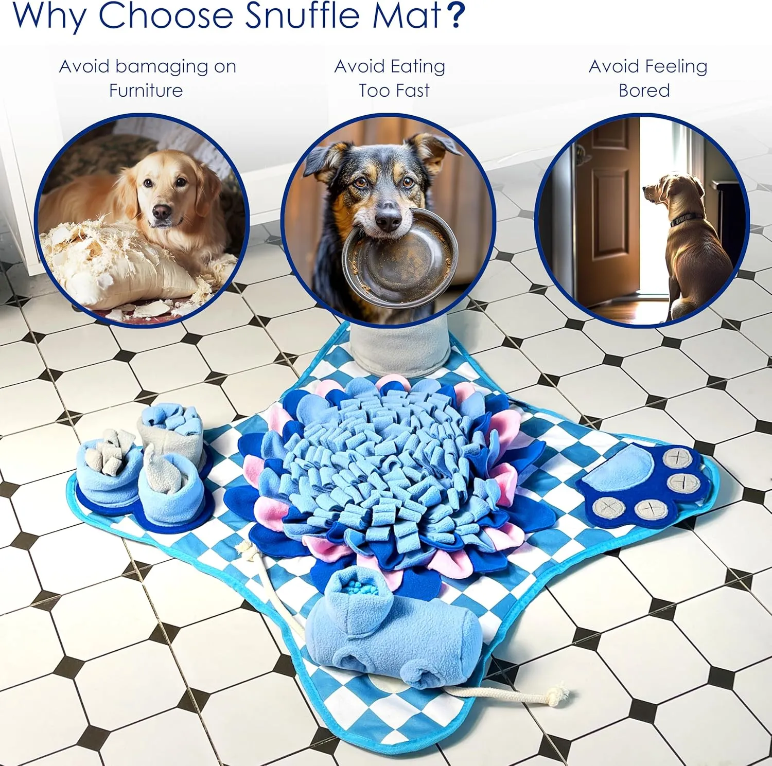 Rasingwell Snuffle Mat for Dogs with Theme Sniffing Mat 23 x 23 inches for All Breeds of Dog Cat, Interactive Puzzle Toy & Enrichment Toys for Dog Stress Relief (Blue, Normal)