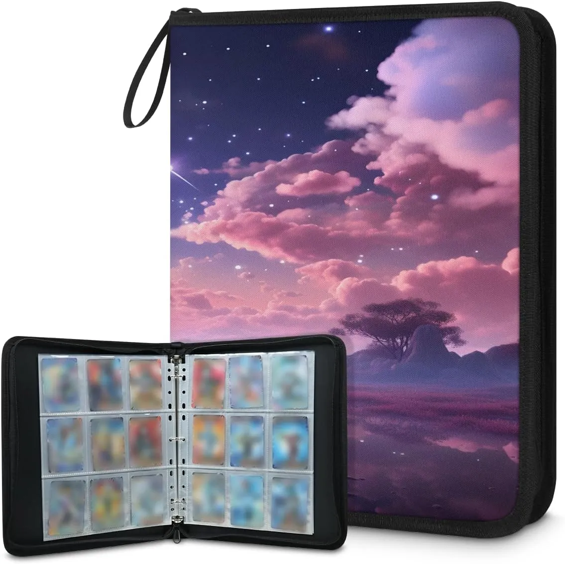 Reflection in The Sky 3 Ring Trading Zipper Binder Strap, Trading Card Binder 9 Pocket, 900 Pockets Card Holder with 50 Removable Sleeves for Game Cards