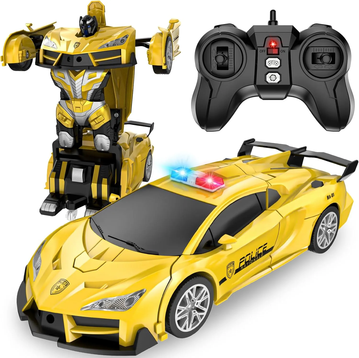 Remote Control Car, Transform Robot RC Cars, 2.4Ghz Transforming Police Car Toy with LED Light, One-Button Deformation & Rotating Drifting, Toys for 5  Year Boys/Girls