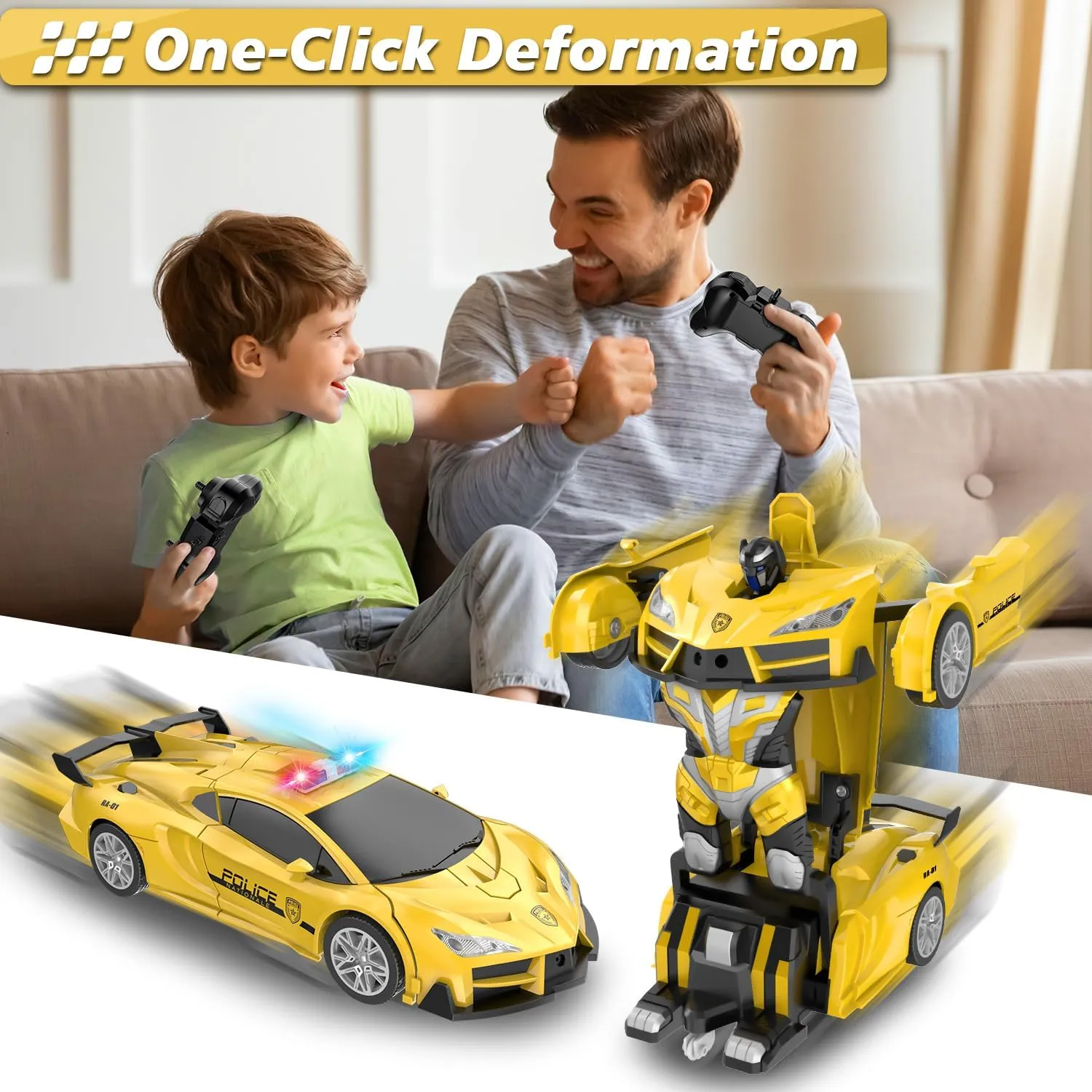 Remote Control Car, Transform Robot RC Cars, 2.4Ghz Transforming Police Car Toy with LED Light, One-Button Deformation & Rotating Drifting, Toys for 5  Year Boys/Girls