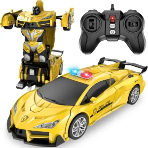 Remote Control Car, Transform Robot RC Cars, 2.4Ghz Transforming Police Car Toy with LED Light, One-Button Deformation & Rotating Drifting, Toys for 5  Year Boys/Girls