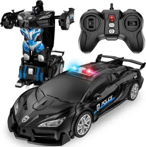 Remote Control Car, Transform Robot RC Cars, 2.4Ghz Transforming Police Car Toy with LED Light, One-Button Deformation and 360° Rotating Drifting, Toys for Boys Age 4-7 8-12