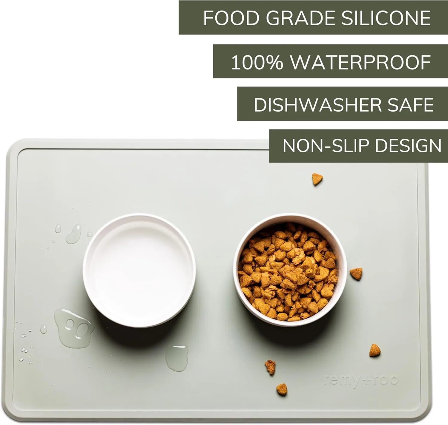 Remy Roo Sage Silicone Dog Food Mat | Premium Non-Slip Pet Bowl Mat for Cats and Dogs | Waterproof, Dishwasher Safe | For Food and Water