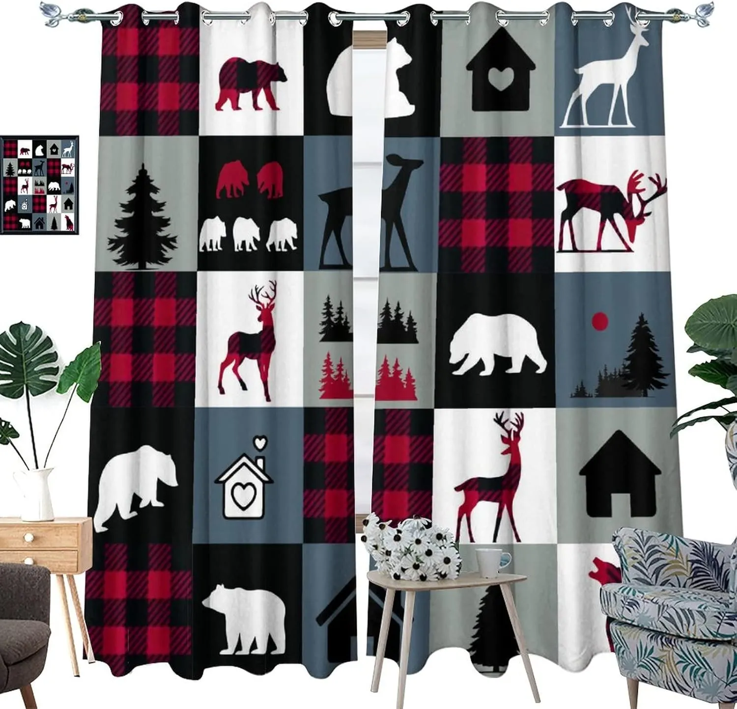 Retro Rustic Lodge Bear Blackout Curtains - Cabin Country Forest Bear Deer On Plaid Grommet Window Curtain Set Energy Saving Thermal Insulated Drapes for Living Room,2 Panels 45L x 21W