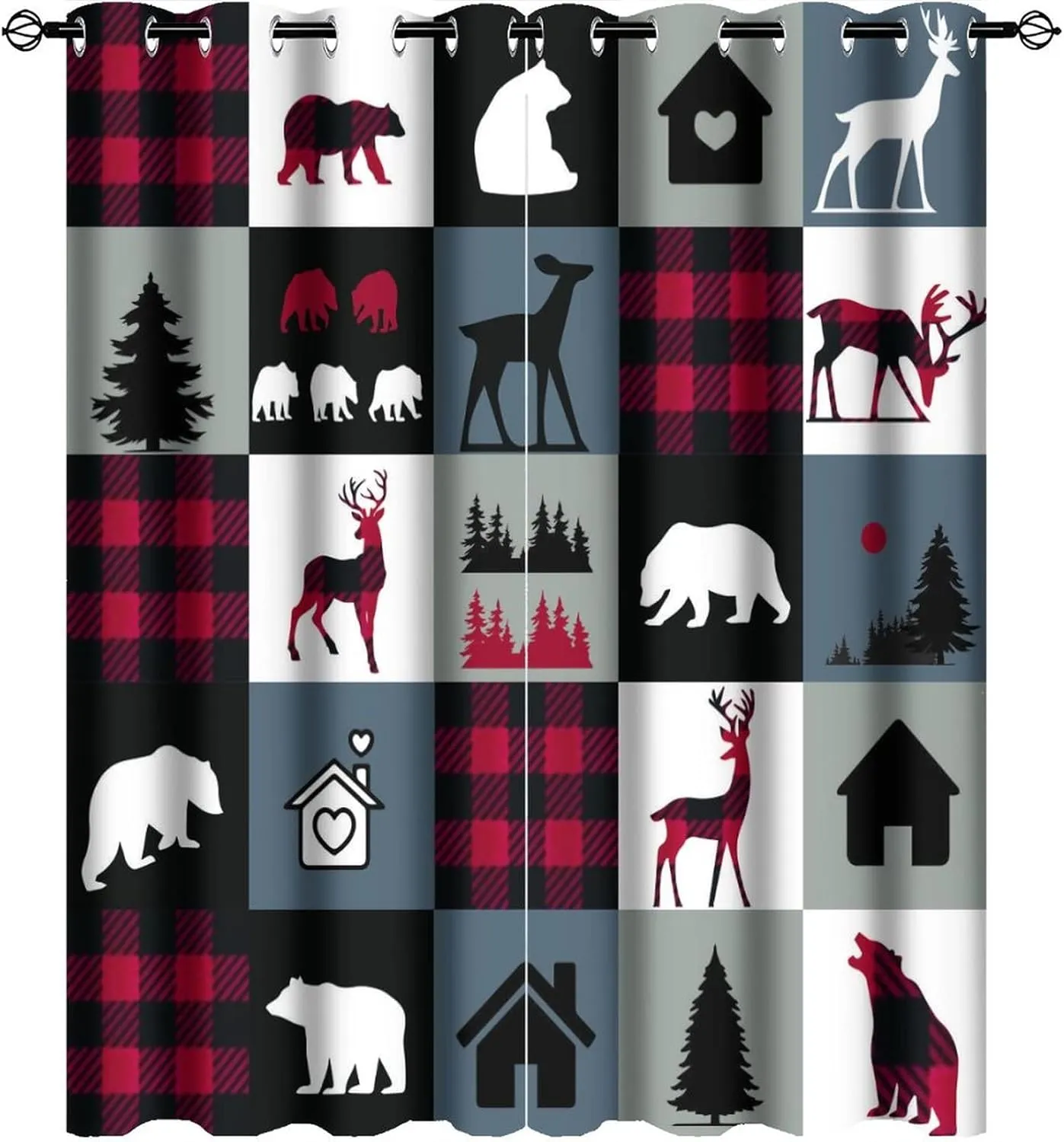 Retro Rustic Lodge Bear Blackout Curtains - Cabin Country Forest Bear Deer On Plaid Grommet Window Curtain Set Energy Saving Thermal Insulated Drapes for Living Room,2 Panels 45L x 21W