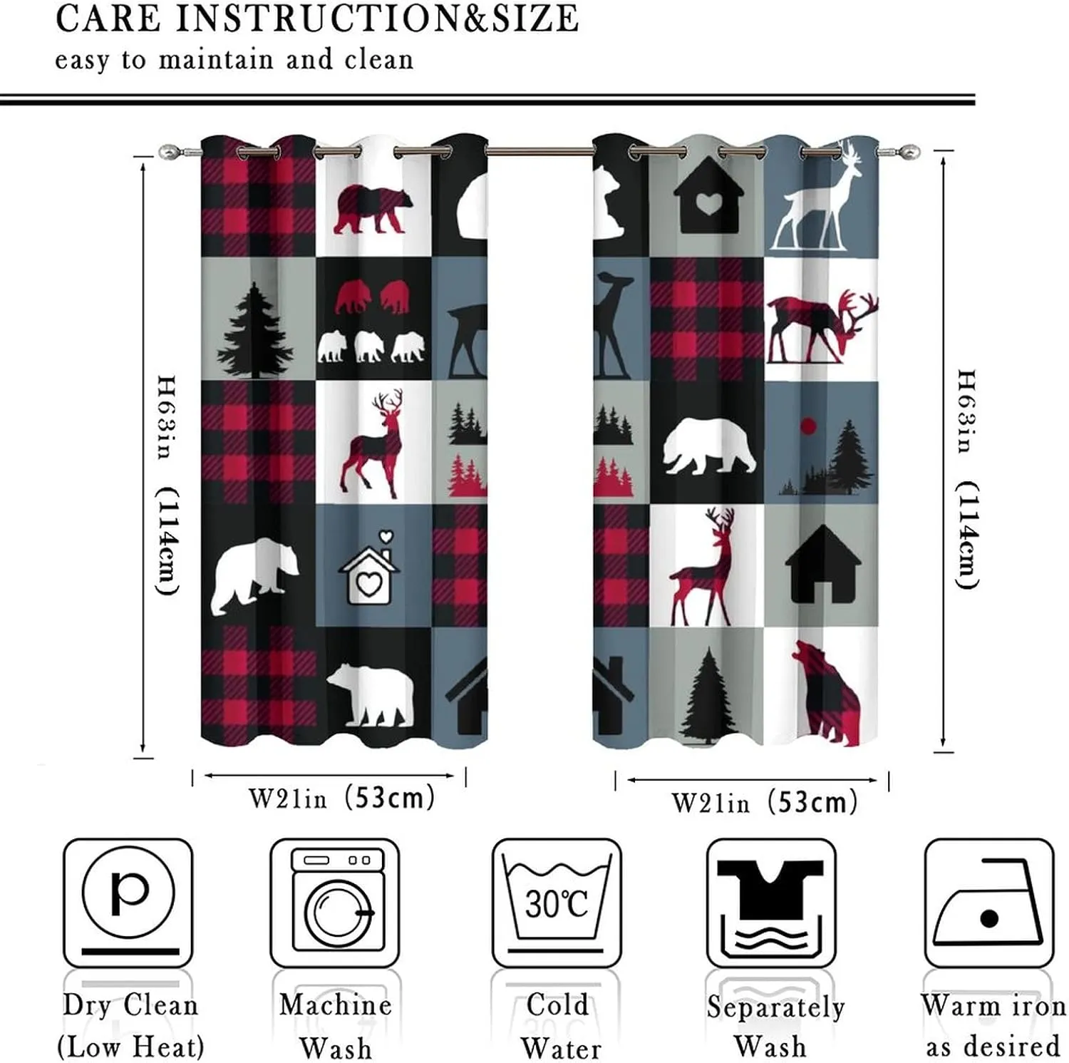 Retro Rustic Lodge Bear Blackout Curtains - Cabin Country Forest Bear Deer On Plaid Grommet Window Curtain Set Energy Saving Thermal Insulated Drapes for Living Room,2 Panels 45L x 21W