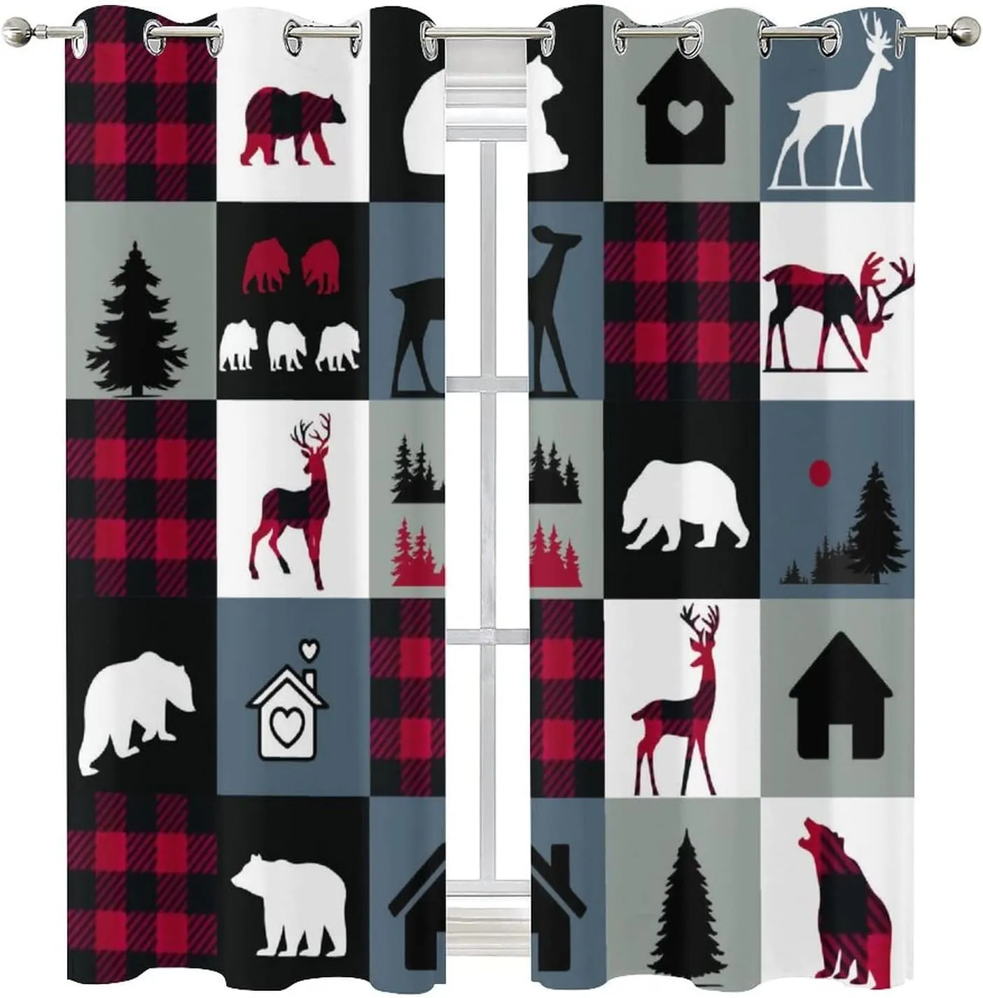 Retro Rustic Lodge Bear Blackout Curtains - Cabin Country Forest Bear Deer On Plaid Grommet Window Curtain Set Energy Saving Thermal Insulated Drapes for Living Room,2 Panels 45L x 21W