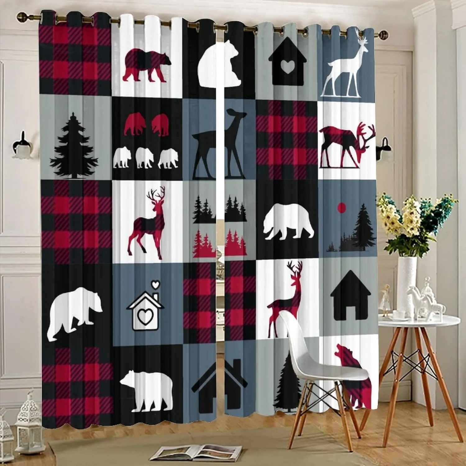 Retro Rustic Lodge Bear Blackout Curtains - Cabin Country Forest Bear Deer On Plaid Grommet Window Curtain Set Energy Saving Thermal Insulated Drapes for Living Room,2 Panels 45L x 21W
