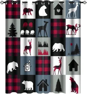 Retro Rustic Lodge Bear Blackout Curtains - Cabin Country Forest Bear Deer On Plaid Grommet Window Curtain Set Energy Saving Thermal Insulated Drapes for Living Room,2 Panels 45L x 21W