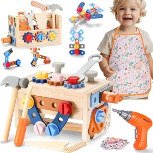 REXBETI Kids Tool Set, 43Pcs Wooden Toddler Tool Bench with Electric Drill, Apron and A Pack Stickers(50pcs), Montessori Construction Toddler Tool Set