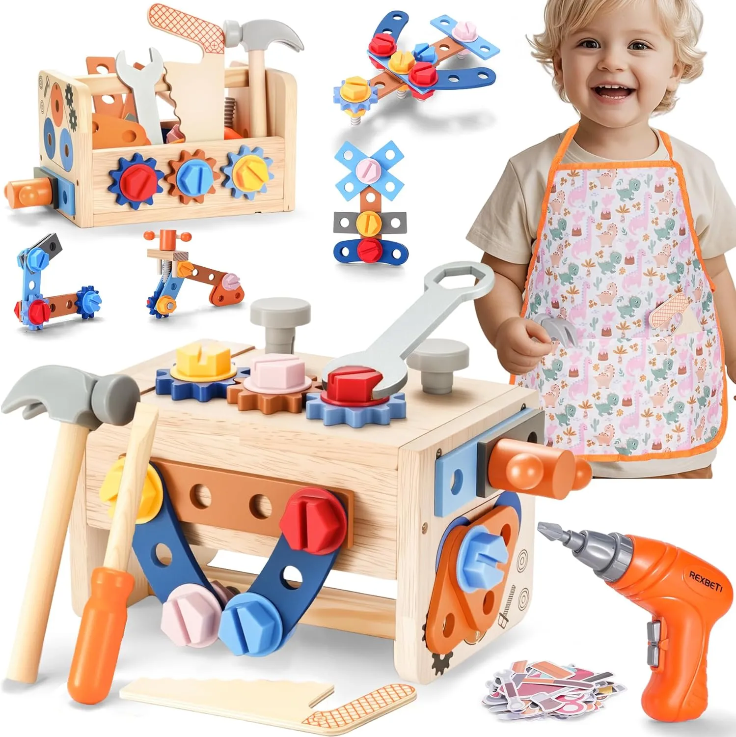 REXBETI Kids Tool Set, 43Pcs Wooden Toddler Tool Bench with Electric Drill, Apron and A Pack Stickers(50pcs), Montessori Construction Toddler Tool Set