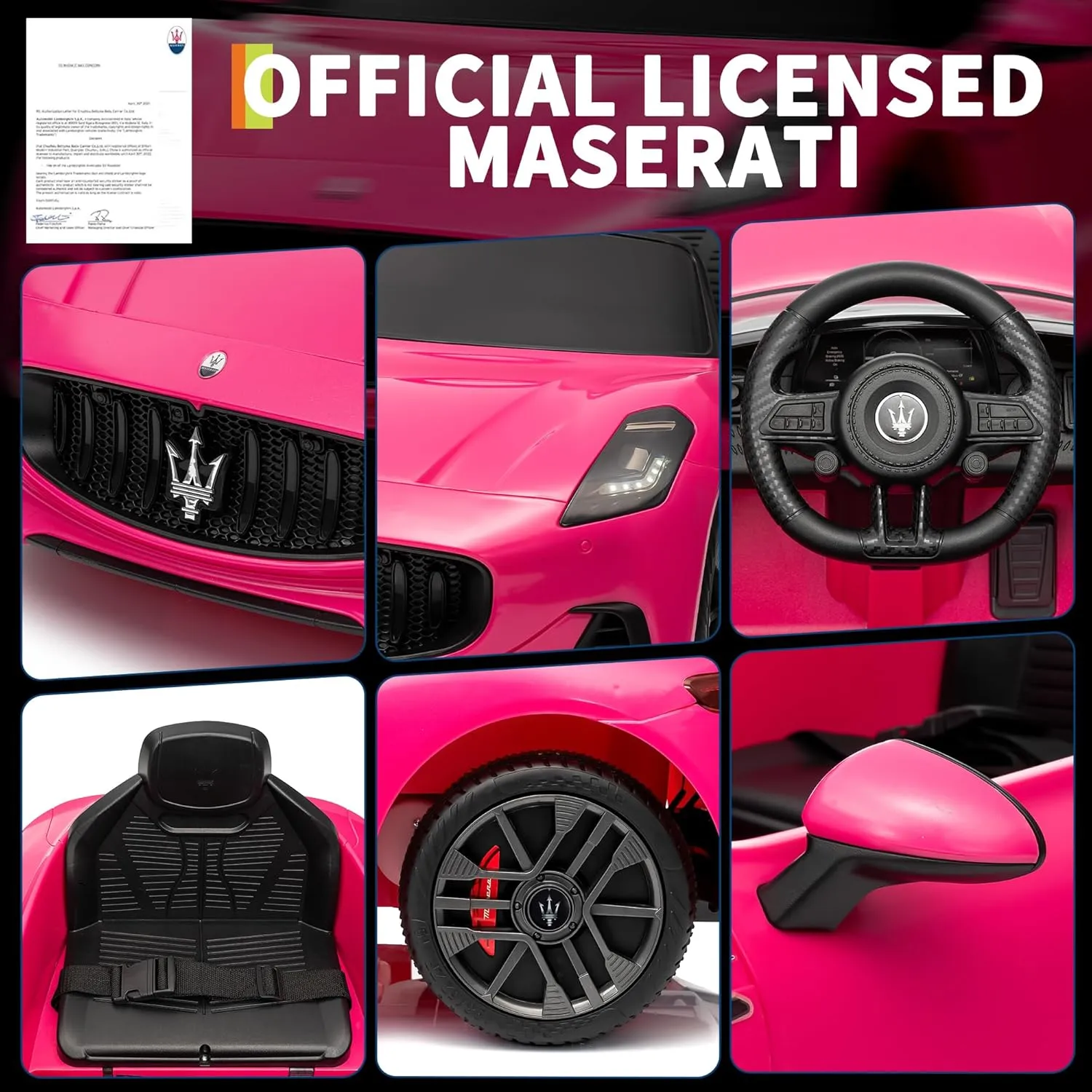 Ride On Car Licensed Maserati Gran Cabrio, 12V Battery Powered Motorized Car for Kids with Remote Control, Spring Suspension, Double Doors, Bright Lights, 4 Wheel Electric Vehicle, Pink