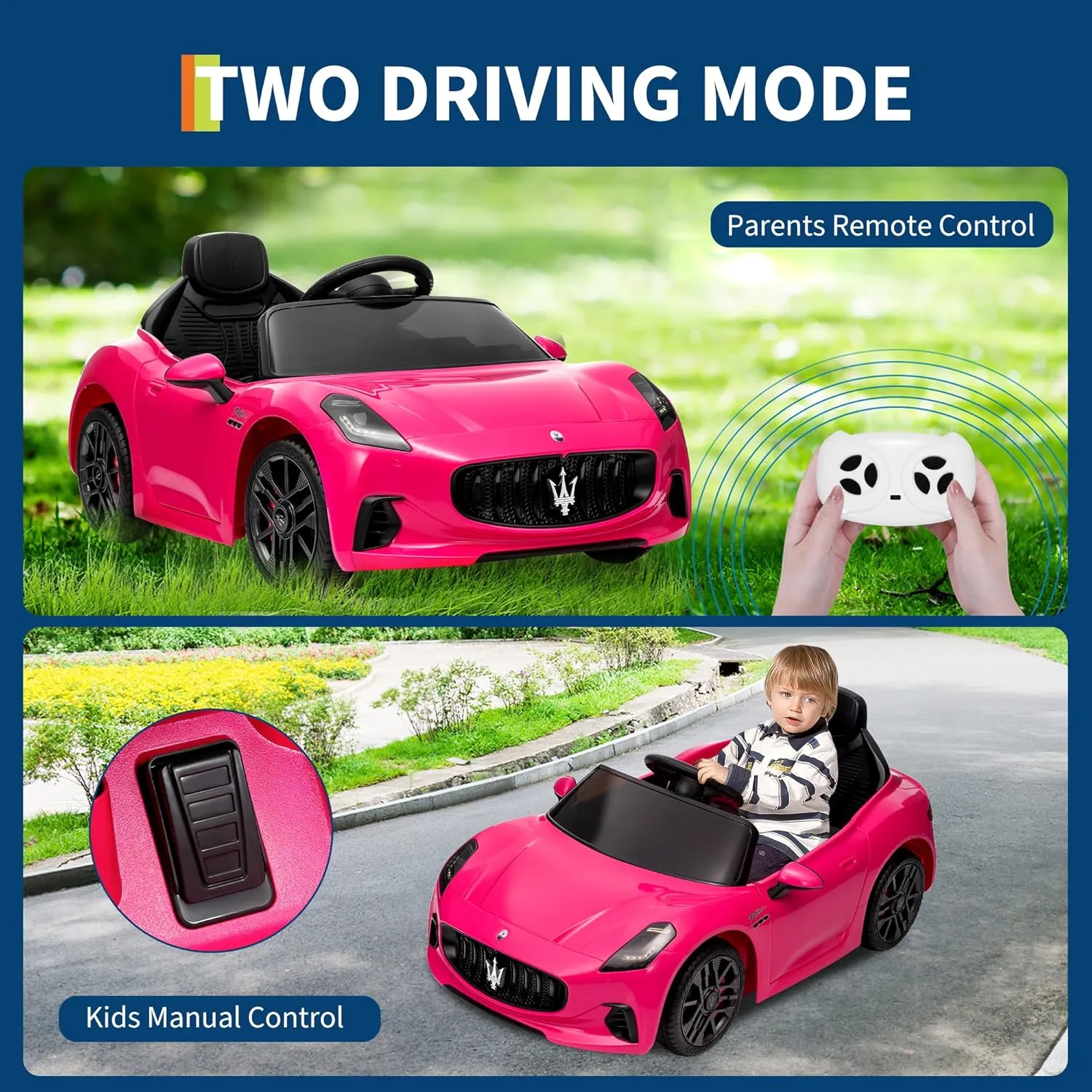 Ride On Car Licensed Maserati Gran Cabrio, 12V Battery Powered Motorized Car for Kids with Remote Control, Spring Suspension, Double Doors, Bright Lights, 4 Wheel Electric Vehicle, Pink