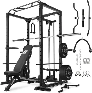 RitFit All-in-One Squat Rack for Home Gym, PPC02C Multi-Function 1000 LBS Capacity Power Cage with LAT Pulldown, Pulley System, Dip Bar, Landmine & More Power Rack Attachments, Package
