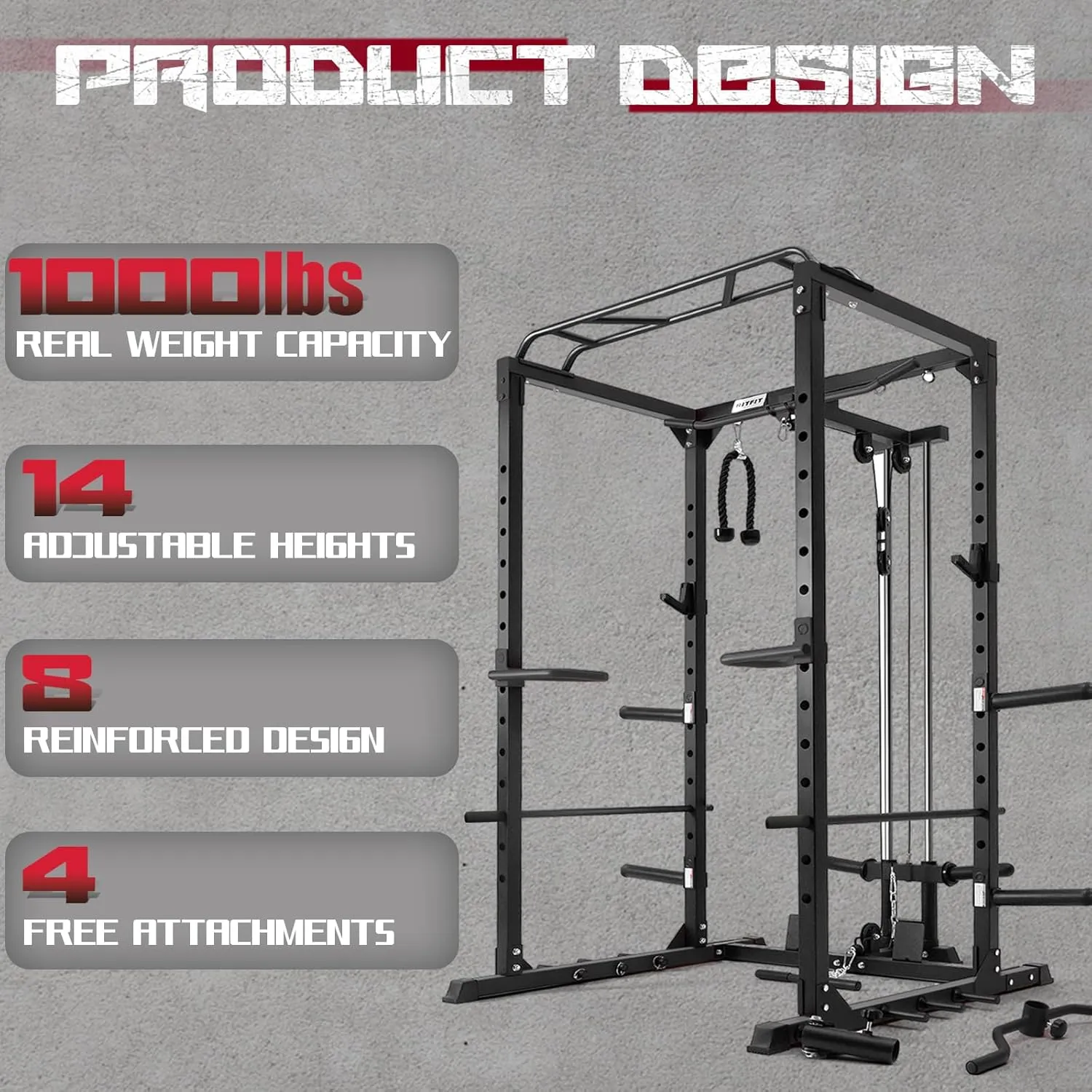 RitFit All-in-One Squat Rack for Home Gym, PPC02C Multi-Function 1000 LBS Capacity Power Cage with LAT Pulldown, Pulley System, Dip Bar, Landmine & More Power Rack Attachments, Package