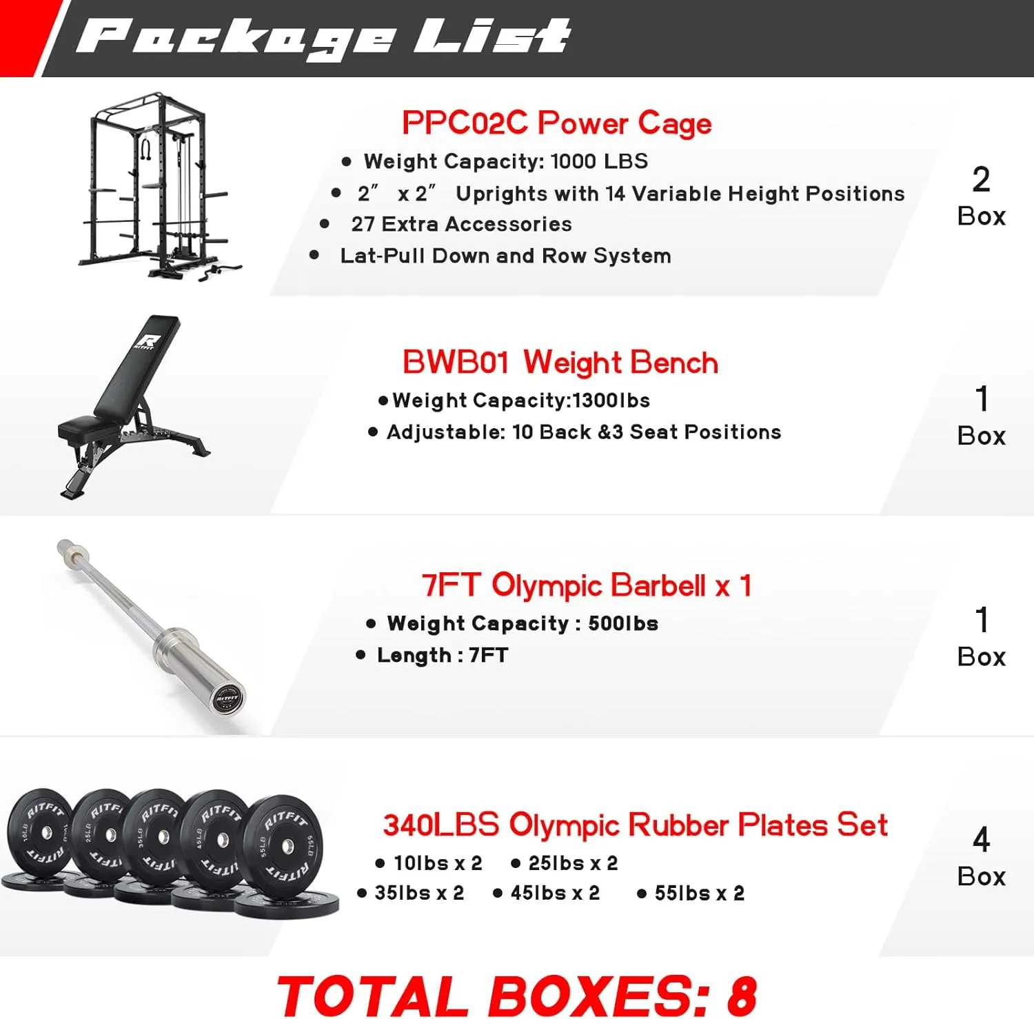 RitFit All-in-One Squat Rack for Home Gym, PPC02C Multi-Function 1000 LBS Capacity Power Cage with LAT Pulldown, Pulley System, Dip Bar, Landmine & More Power Rack Attachments, Package