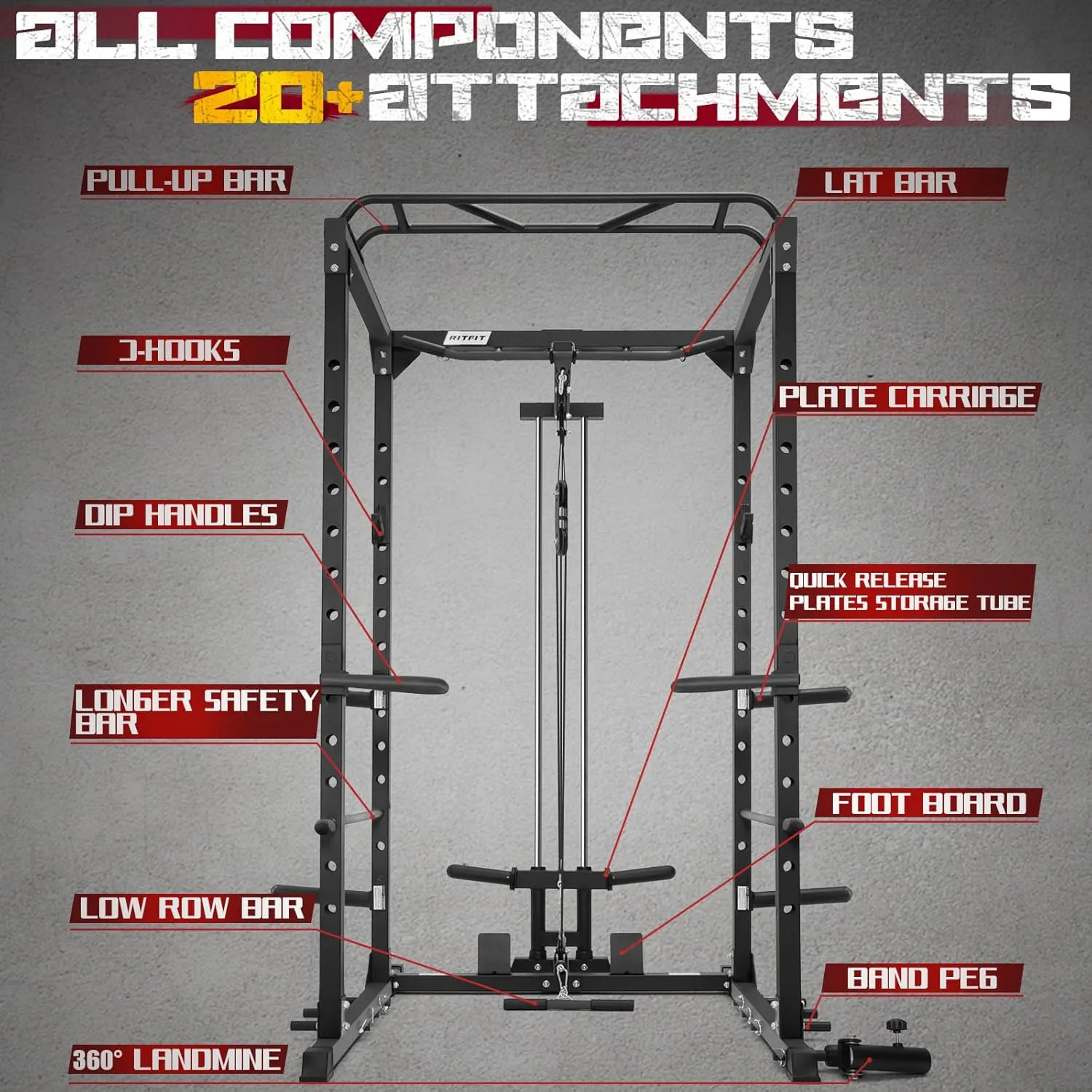 RitFit All-in-One Squat Rack for Home Gym, PPC02C Multi-Function 1000 LBS Capacity Power Cage with LAT Pulldown, Pulley System, Dip Bar, Landmine & More Power Rack Attachments, Package