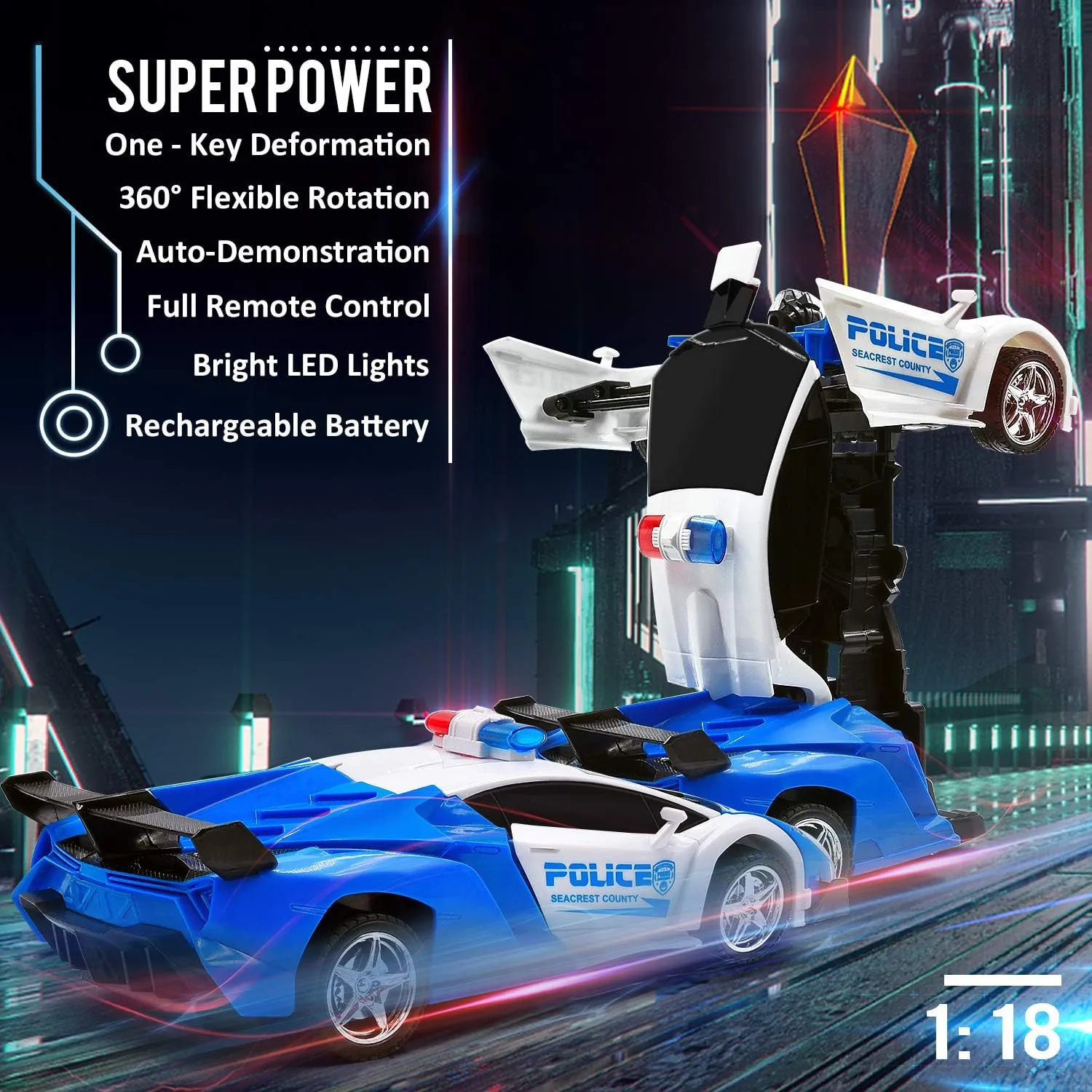 Robot Deformed RC Car Model Toy Gifts,Transformer Remote Control Police car,One-Button Auto Demo Transformation&360°Rotate Speed Drifting,Rechargable Automobile for Boys Girls(Blue)