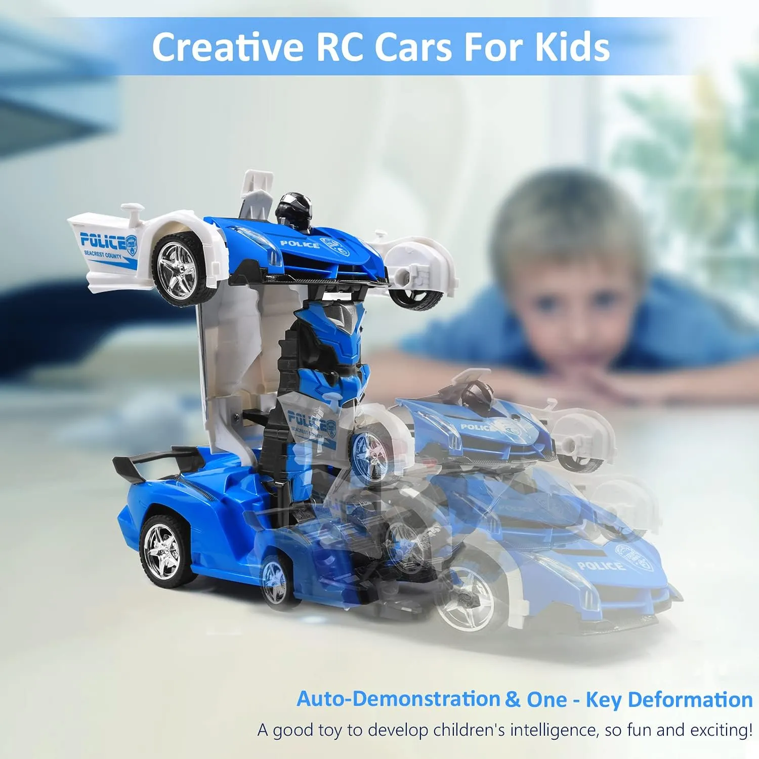 Robot Deformed RC Car Model Toy Gifts,Transformer Remote Control Police car,One-Button Auto Demo Transformation&360°Rotate Speed Drifting,Rechargable Automobile for Boys Girls(Blue)