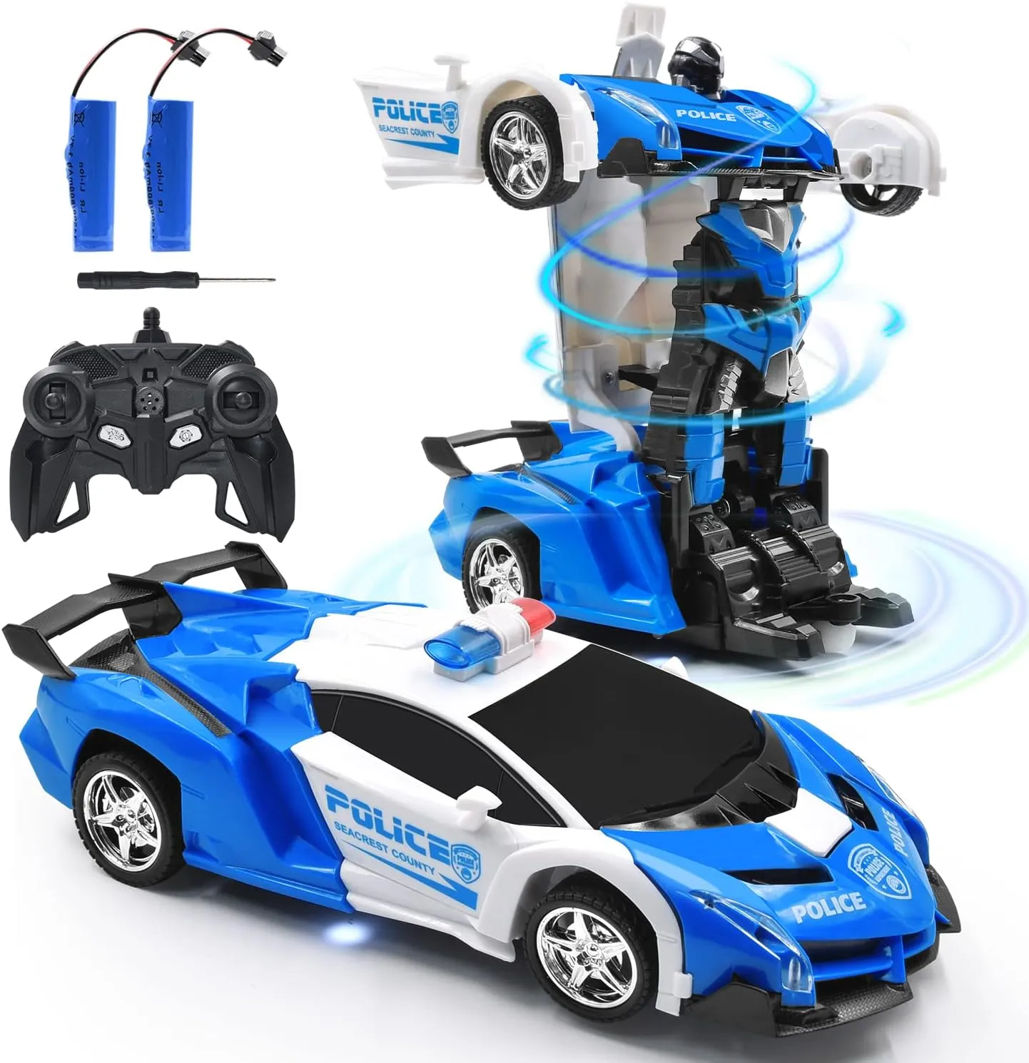 Robot Deformed RC Car Model Toy Gifts,Transformer Remote Control Police car,One-Button Auto Demo Transformation&360°Rotate Speed Drifting,Rechargable Automobile for Boys Girls(Blue)