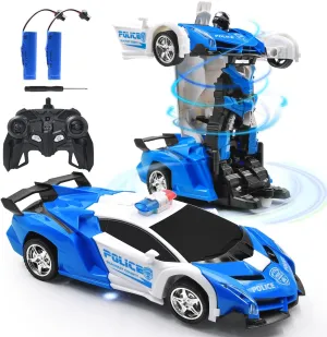 Robot Deformed RC Car Model Toy Gifts,Transformer Remote Control Police car,One-Button Auto Demo Transformation&360°Rotate Speed Drifting,Rechargable Automobile for Boys Girls(Blue)