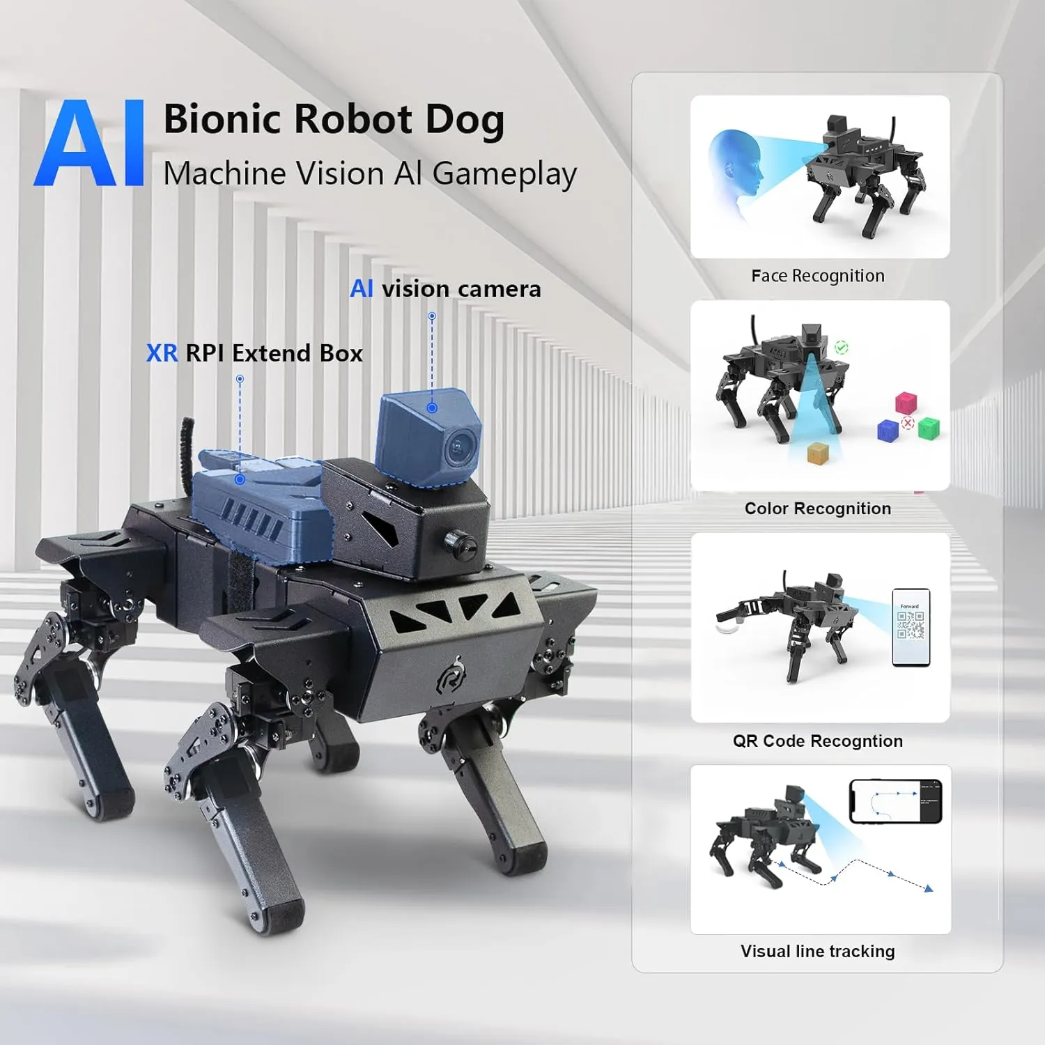 Robot Dog Kit for Raspberry Pi 4GB, AI Visual Recognition Interaction Smart Robot Python Programmable, 12 DOF Bionic Gait Mechanical Dog, Camera Servo, RC Control, (Include Raspberry Pi)