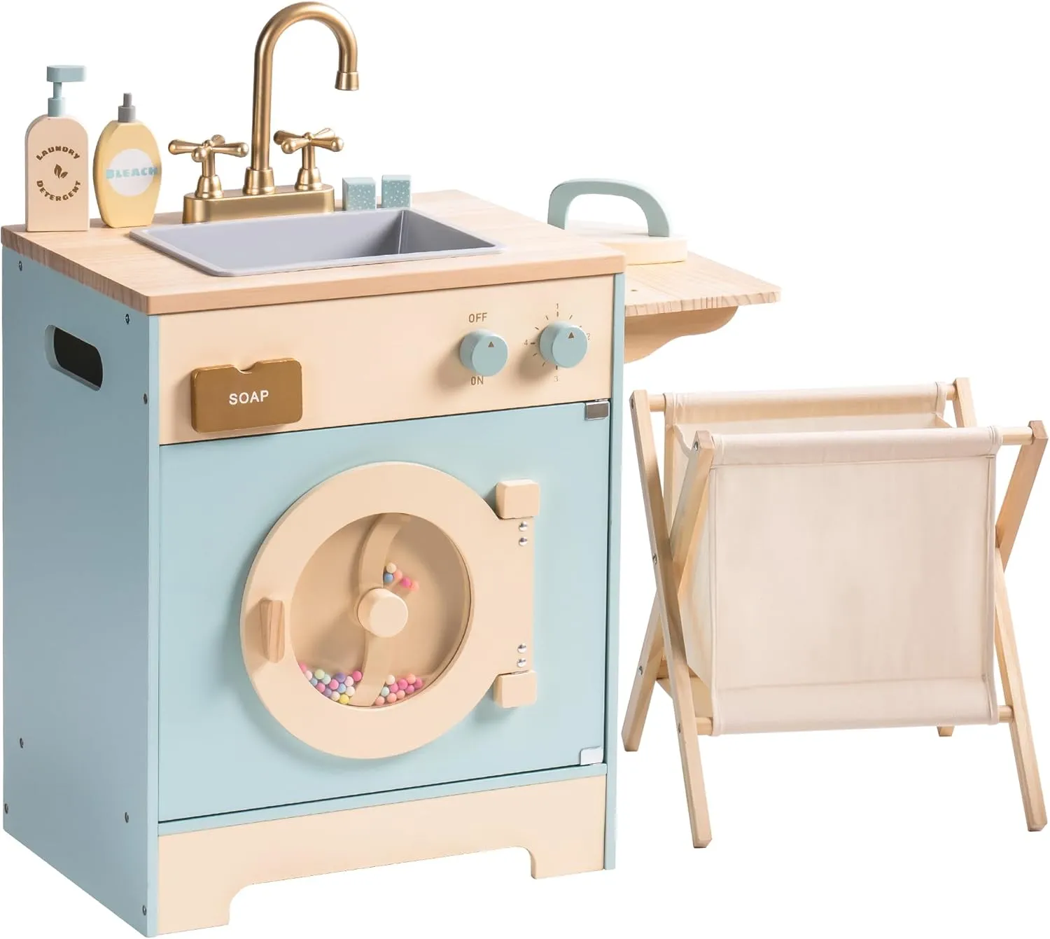 ROBOTIME Toy Kitchen Washer Playset, Wooden Toy Washing Machine for Kids with Clothes Basket, Iron and Sink, Pretend Toddlers Kitchen Toy with Accessories for Ages 3 