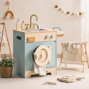 ROBOTIME Toy Kitchen Washer Playset, Wooden Toy Washing Machine for Kids with Clothes Basket, Iron and Sink, Pretend Toddlers Kitchen Toy with Accessories for Ages 3 