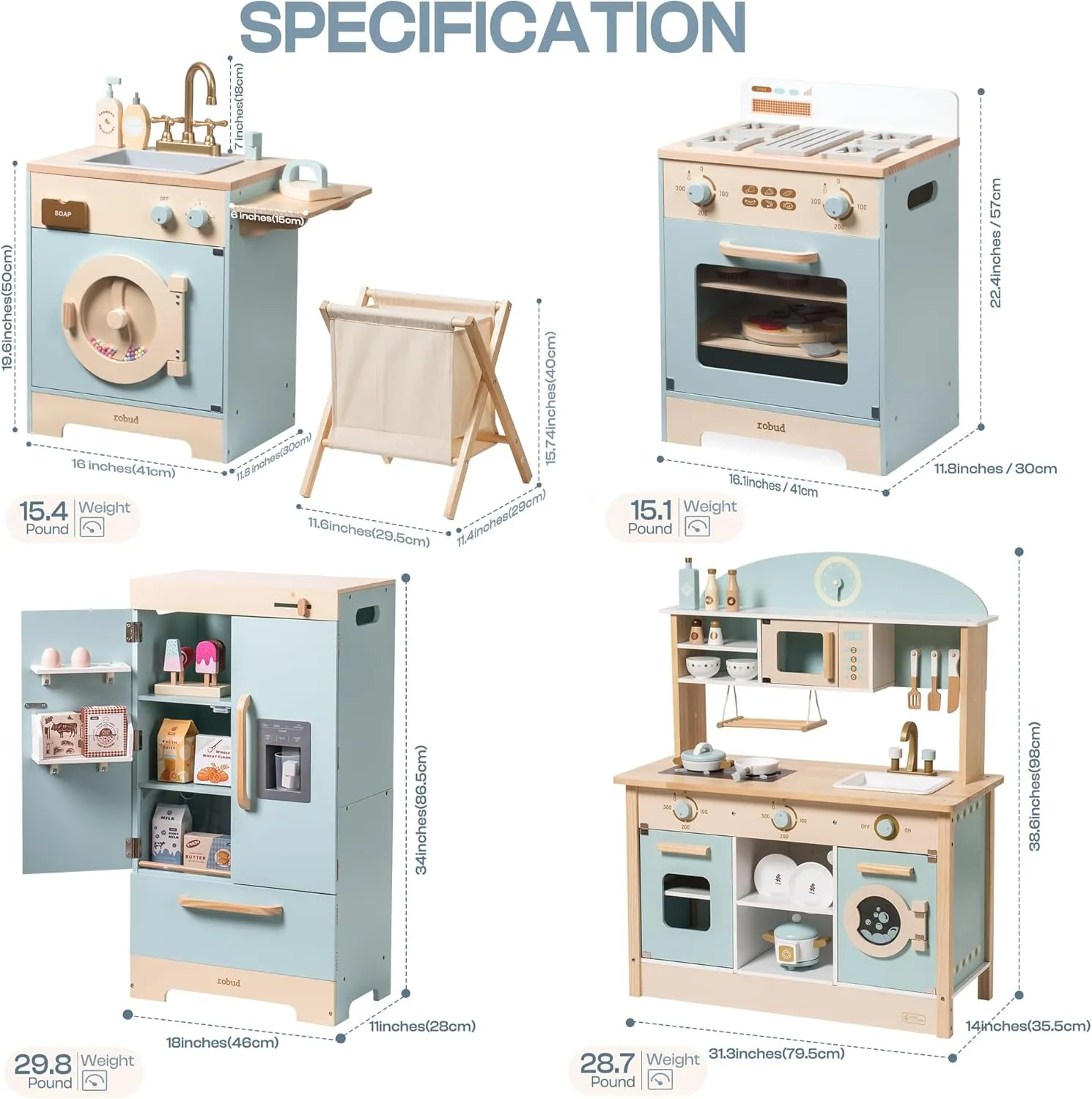 ROBOTIME Wooden Play Kitchen, Toddler Kitchen Playset with Oven, Fridge & Washing Machine, Kids Kitchen Playset Gift for 3  Year Old Boys & Girls