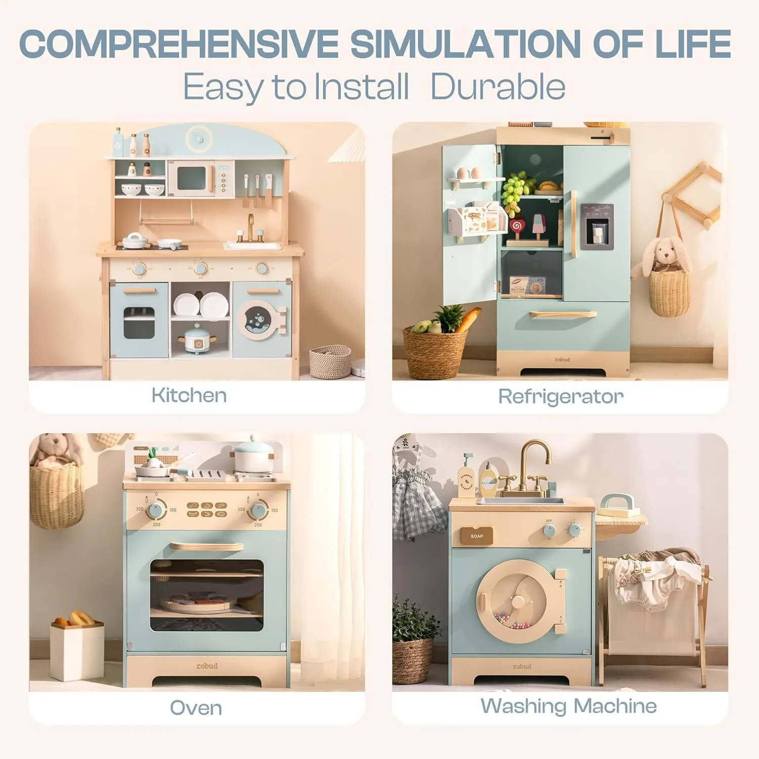 ROBOTIME Wooden Play Kitchen, Toddler Kitchen Playset with Oven, Fridge & Washing Machine, Kids Kitchen Playset Gift for 3  Year Old Boys & Girls