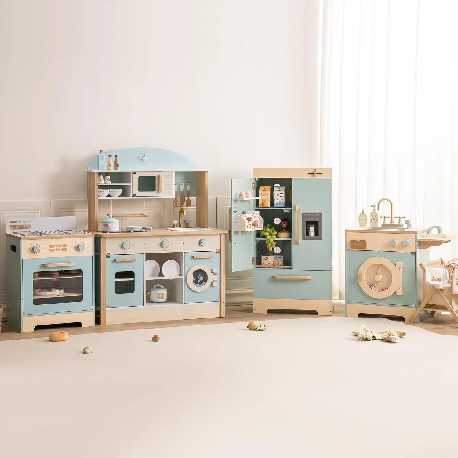 ROBOTIME Wooden Play Kitchen, Toddler Kitchen Playset with Oven, Fridge & Washing Machine, Kids Kitchen Playset Gift for 3  Year Old Boys & Girls