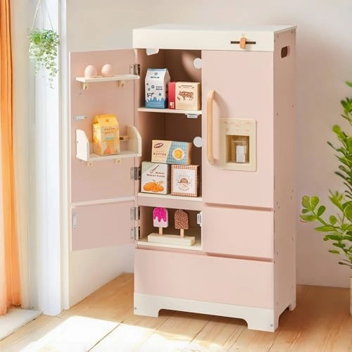 ROBOTIME Wooden Play Kitchen Set with Fridge - Kids Kitchen Playset with Refrigerator & Dishwasher for Boys and Girls Ages 3  (Pink)