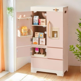 ROBOTIME Wooden Play Kitchen Set with Fridge - Kids Kitchen Playset with Refrigerator & Dishwasher for Boys and Girls Ages 3  (Pink)