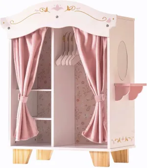 ROBUD Wooden Play Armoire Closet for Dolls, Doll Closet Furniture Wardrobe with 5 Hangers, Mirror, Velvet Curtains, Fit for 16-20in American Girl Doll Clothes, Gift for Boys & Girls, 3 