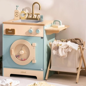 ROBUD Wooden Laundry Playset, Washer and Dryer Set for Kids, Realistic Pretend Play Washing Machine with Basket, Iron, Soap, Bleach, Laundry Detergent, Gift for Boys & Girls, Ages 3 