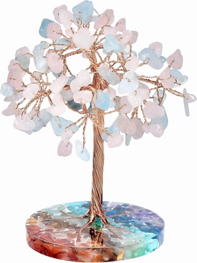 rockcloud Rose Quartz & Aquamarine Crystal Copper Wire Money Tree with Round Colorful Resin Base, Handmade Bonsai Stone Tree for Office Home Table Decorations, Pink&Blue