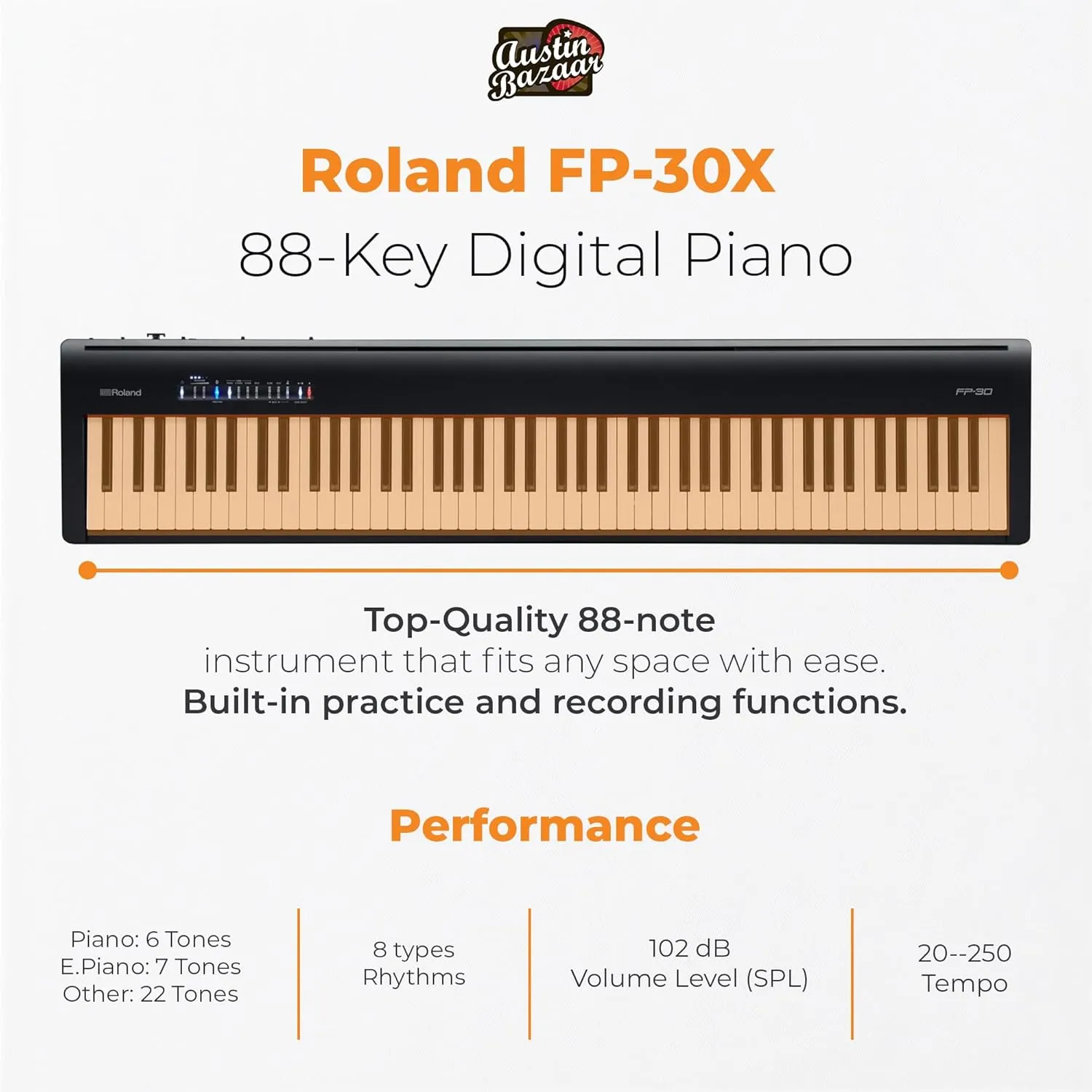 Roland FP-30X 88-Key Digital Piano - Black Bundle with Adjustable Stand, Bench, Sustain Pedal, Online Piano Lessons, Instructional DVD, and Austin Bazaar Polishing Cloth