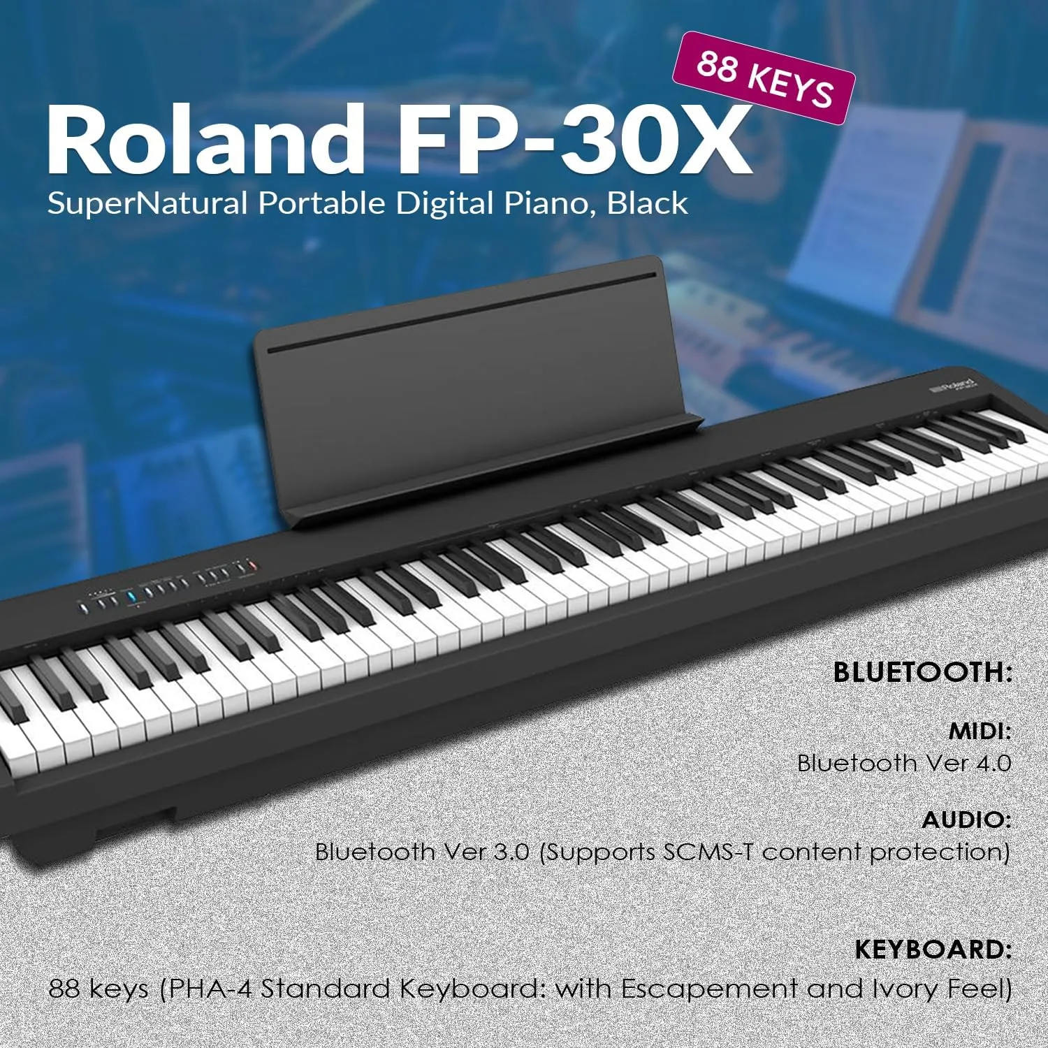 Roland FP-30X 88 Keys SuperNATURAL Portable Digital Piano, Black Bundle with TAPH100 Headphones, Keyboard Stand, Bench, Sustain Pedal